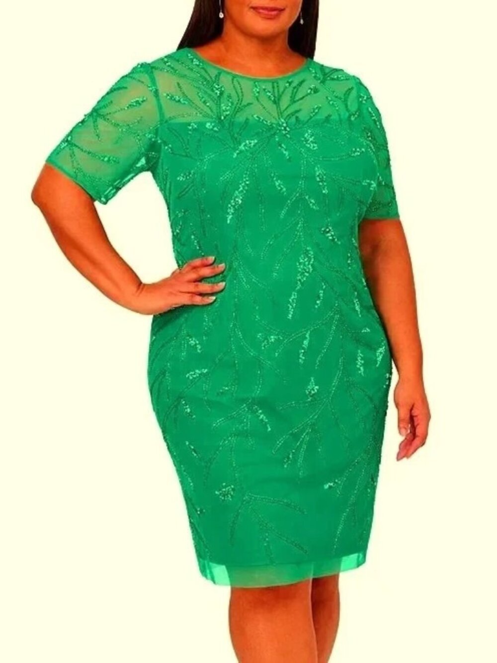 Adrianna Papell Exotic Jade Embellished Mesh Short Sleeve Dress